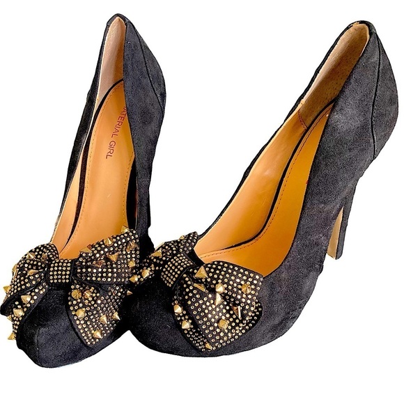 Black Stiletto Heel w Gold Studded Bow Accent, size 38.5 Material Girl 5… - Picture 1 of 5